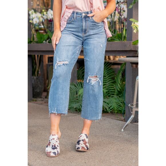 Judy Blue High Rise Destroy Wide Leg Crop Distressed Jeans | Medium Wash | SZ 27 - Picture 1 of 12